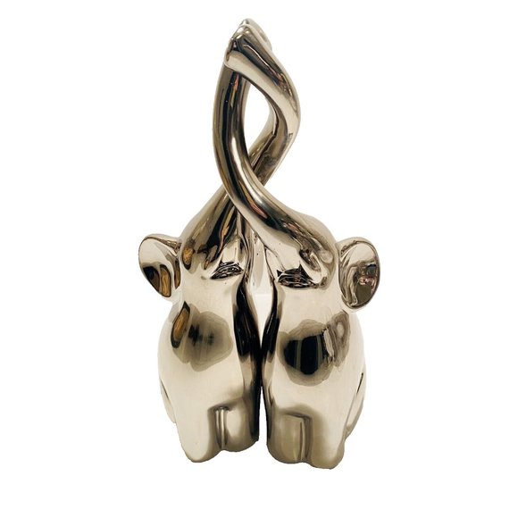 Silver Elephant Figures with Intertwined Trunks, Ceramic Set of 2, Chrome Decor - Picture 2 of 16